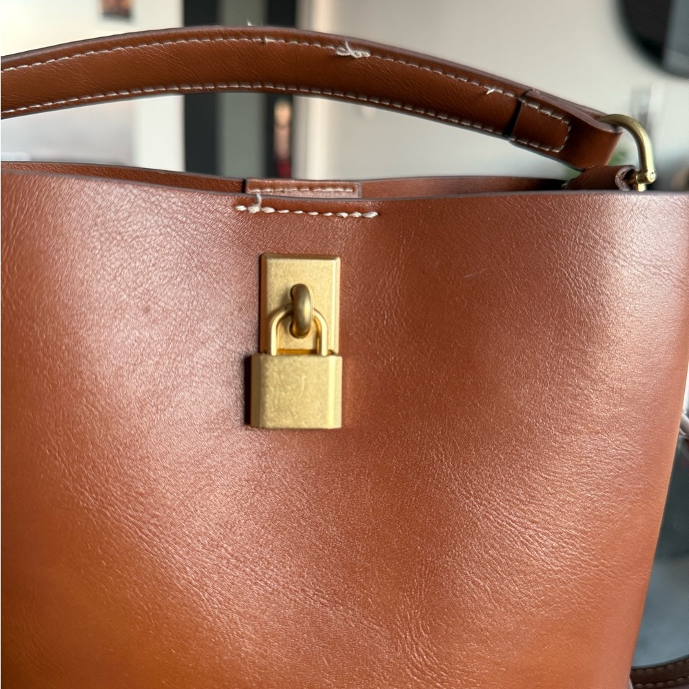 Mango Brown Leather Bucket Shoulder Bag with Gold Lock - Picture 5 of 7